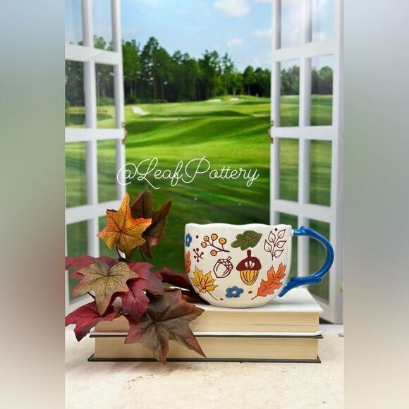 Cozy Autumn Leaves & Acorn Mug – Hand-Painted Ceramic Cup with Blue Handle, 16oz - Picture 10 of 10